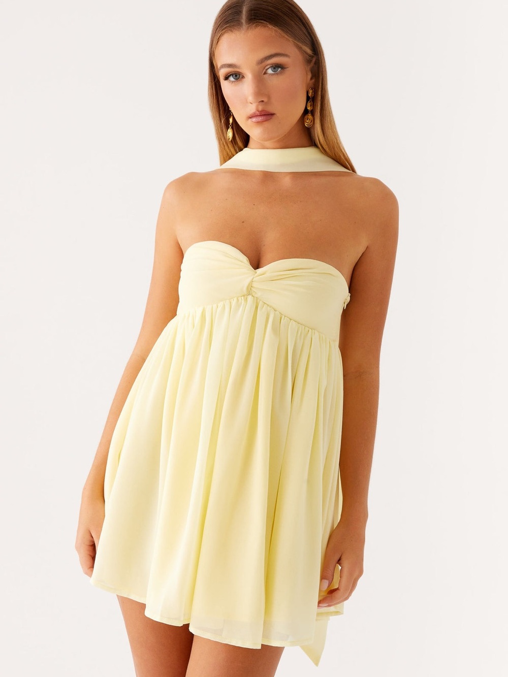 Peppermayo Saturn Mini Dress - Strapless Empire Waist Yellow Chiffon Dress